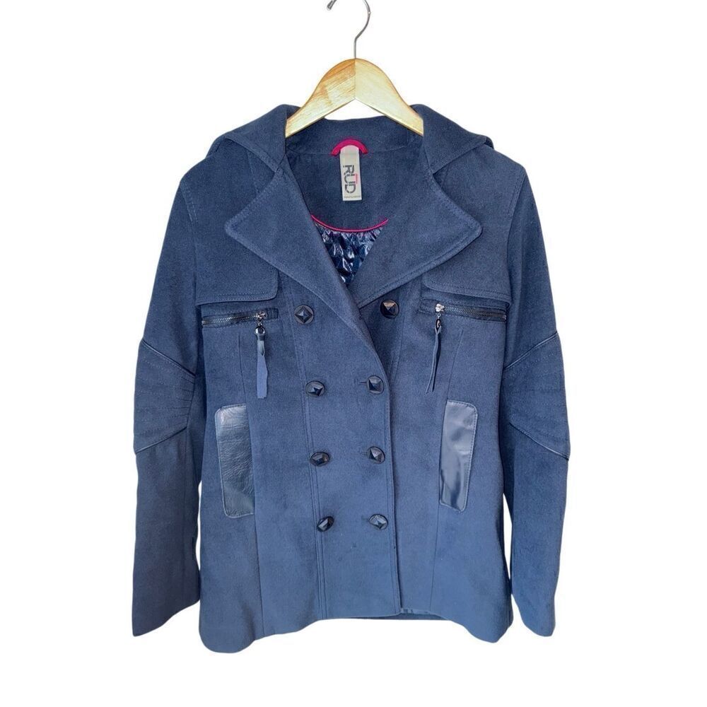 RUD By Rudsak Double Breasted Blue Pea Coat With Leather Trim Pockets